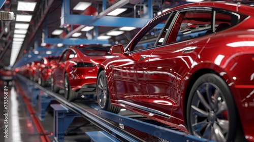Sleek red cars with a glossy finish on an assembly line in a modern automotive factory. Created with Generative AI.