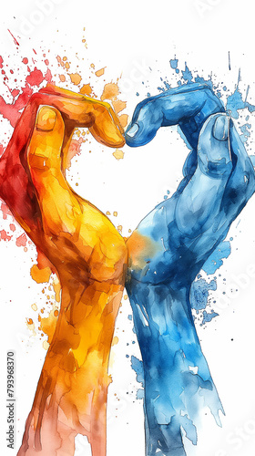 Colorful painting of 2 hands, hands coming together to form a heart. 