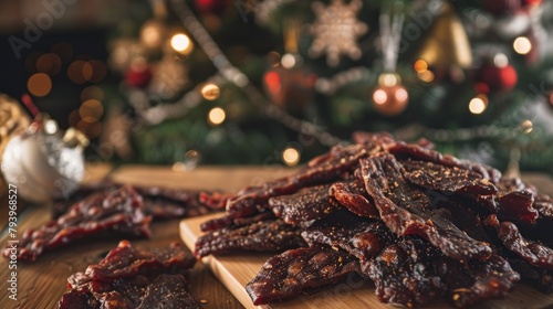 Jerky placed beside the Christmas tree photo
