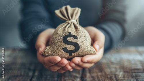 Hands presenting a money bag with a dollar sign, symbolizing financial success or savings. Created with Generative AI.