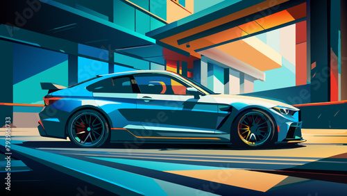 A sports car on the road.The road into the distance. The car rushes along a picturesque road.Let's go! An illustration of a car ready for new discoveries in the vast expanses. bmw m4