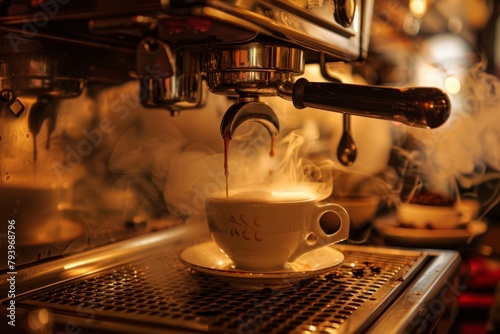 A steaming cup of espresso being brewed on an espresso machine  infused with the warmth of freshly roasted coffee. Created with Generative AI.