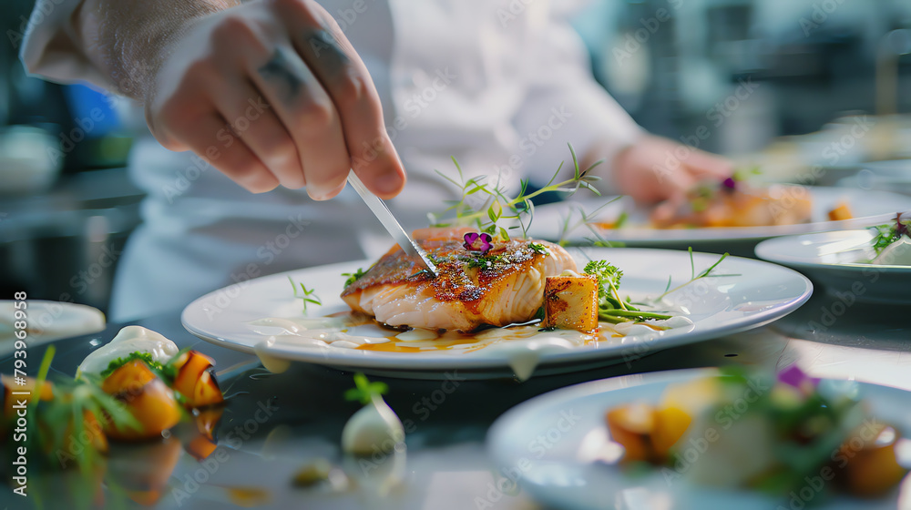 Chef in a high-end restaurant delicately plating a sophisticated fish dish, garnished with fine herbs and edible flowers, ready for a gourmet presentation. Chef in a high-end restaurant delicately plating a sophisticated fish dish, garnished with fine herbs and edible flowers, ready for a gourmet presentation.