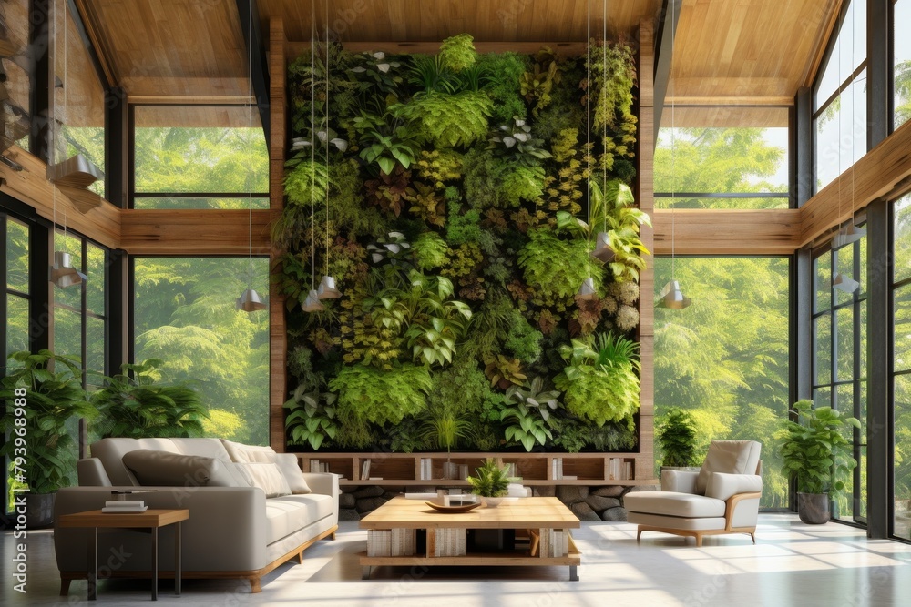 wall Modern eco-friendly living room with a vertical garden and forest view plant's 

Concept: green living, eco design, modern interior, sustainable lifestyle