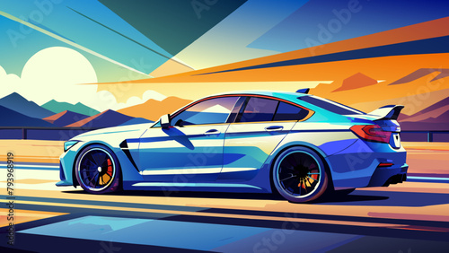A sports car on the road.The road into the distance. The car rushes along a picturesque road.Let's go! An illustration of a car ready for new discoveries in the vast expanses. bmw m4