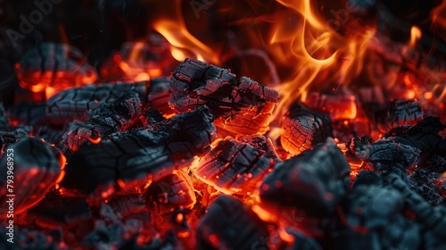 Intense live flames in close up view Vibrant orange and red fire against a dark backdrop Open fire as a source of warmth and potential gas related issues