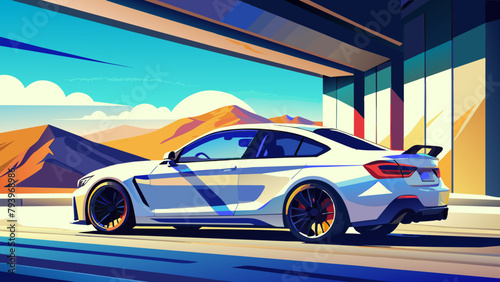 A sports car on the road.The road into the distance. The car rushes along a picturesque road.Let's go! An illustration of a car ready for new discoveries in the vast expanses. bmw m4