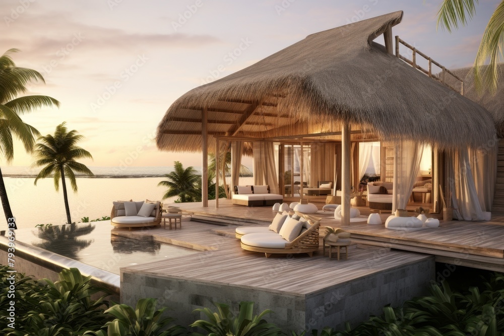 Luxury beach resort bungalows at sunset with palm trees and loungers.

Concept: luxury travel, tropical getaway, relaxation, exotic accommodation