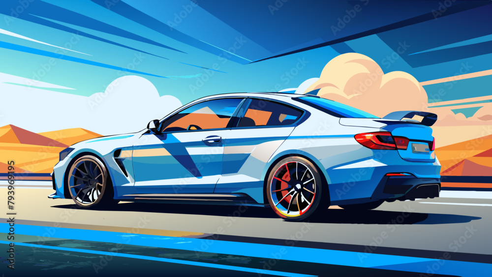 Fototapeta premium A sports car on the road.The road into the distance. The car rushes along a picturesque road.Let's go! An illustration of a car ready for new discoveries in the vast expanses. bmw m4