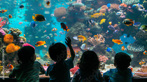 Children at an aquarium, faces pressed against the glass, mesmerized by the schools of colorful fish swimming gracefully in a large tank.