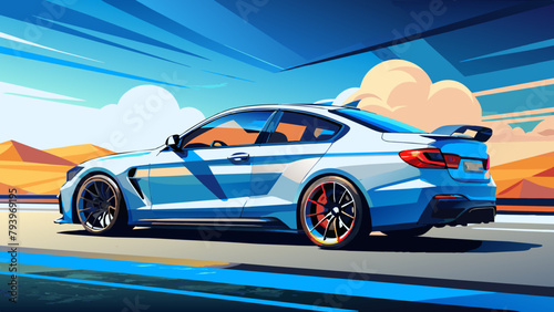 A sports car on the road.The road into the distance. The car rushes along a picturesque road.Let's go! An illustration of a car ready for new discoveries in the vast expanses. bmw m4