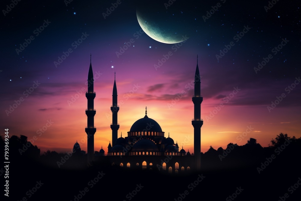 Mosque silhouette against a twilight sky with crescent moon, symbolizing Islamic faith  Ramadan, peaceful night

Concept: Islamic faith, Ramadan, spiritual skyline, peaceful worship, crescent moon
