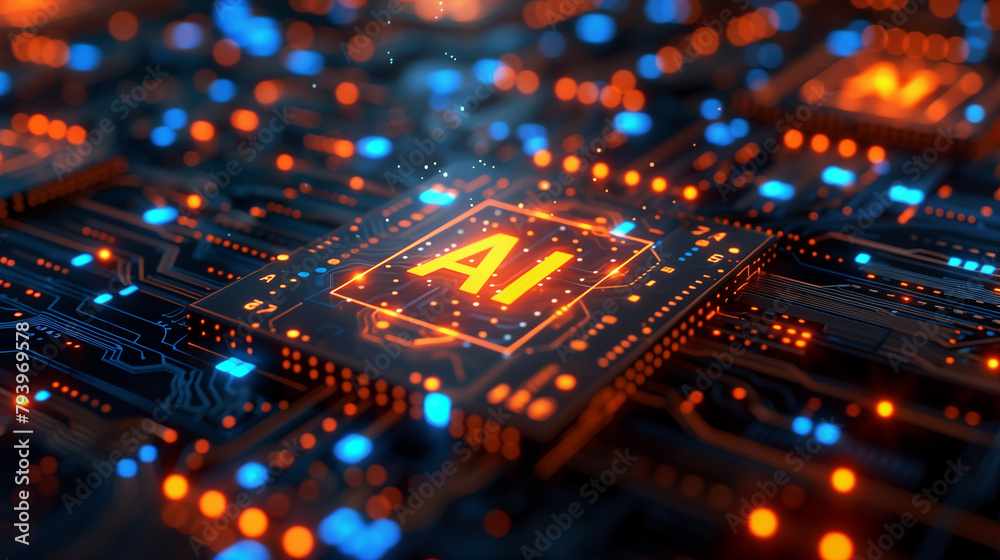 Abstract 3D rendering of circuit board with neon word AI. Technology background.