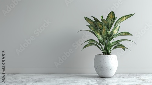 A Dieffenbachia plant in a white pot on a white marble floor against a white wall background. photo