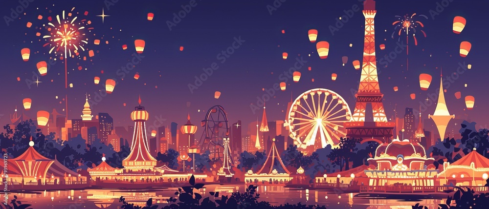 Amusement park with a ferris wheel, circus tent and city lights in the background. 