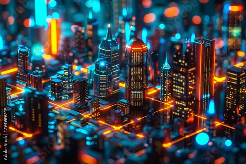 3D futuristic city, buildings with glowing fiber-optics, drone perspective, night glow