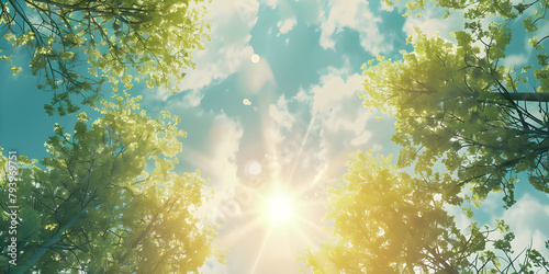 Fresh spring sky background with strong sunlight shining through the trees background - Ai Generated