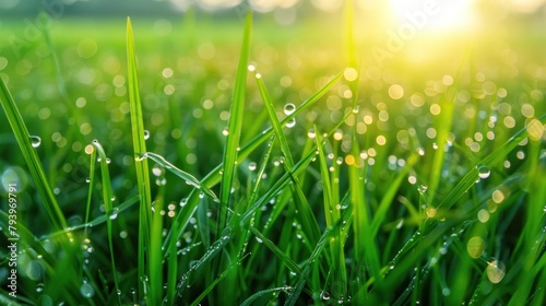 Drops of morning dew glisten on the green grass in the rice fields.