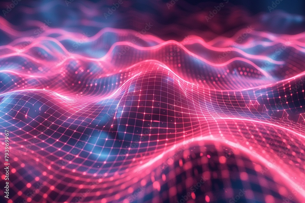 3D visualization of a digital shockwave, neon grids distorting, immersive angle, high-impact visual