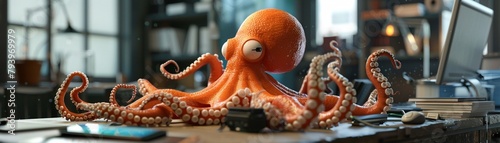 3D visualization of an octopus CEO at a desk, multitasking with tech gadgets, office backdrop, engaging photo