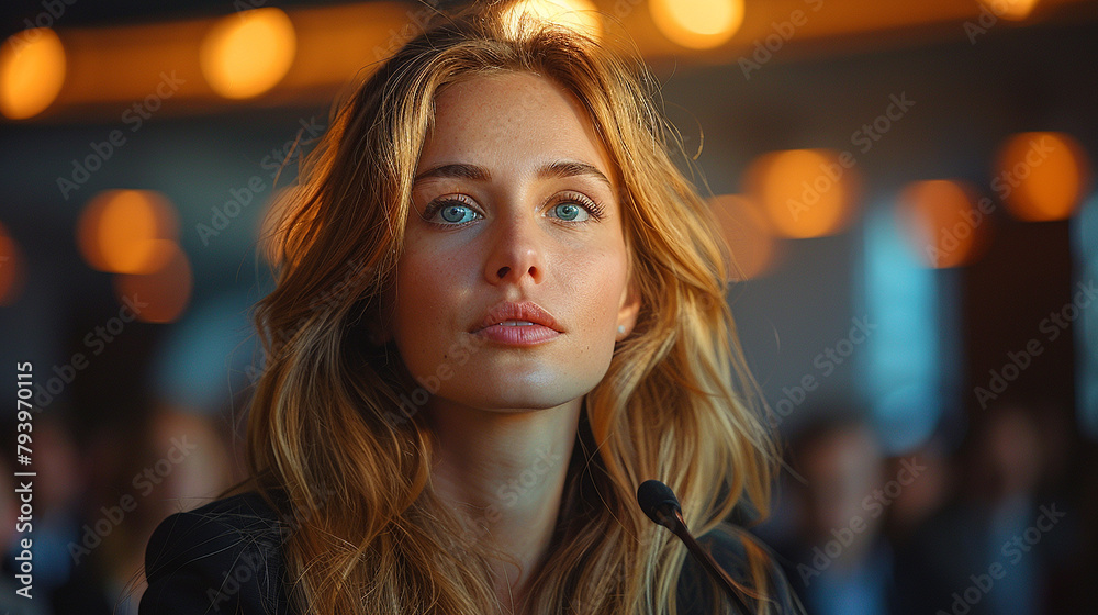 The intense gaze of an American businesswoman as she delivers a powerful keynote address at a conference, captured in stunning detail. Standing on stage