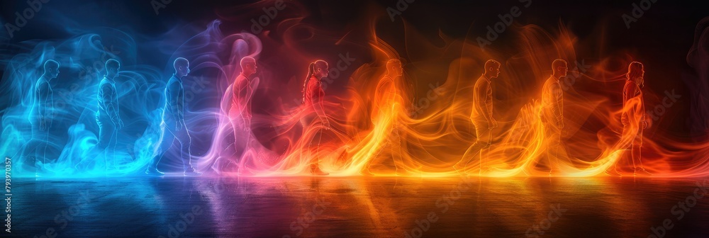 Flames of blue and orange in the shape of people walking