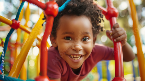 Close-up of a joyful kid climbing a colorful jungle gym at a playground, with intense focus and excitement evident on their face.