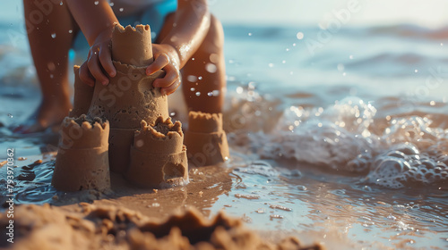 Close-up of a kid's hands molding towers of a sand castle, with the ocean waves gently lapping in the background, capturing a moment of focus and joy.
