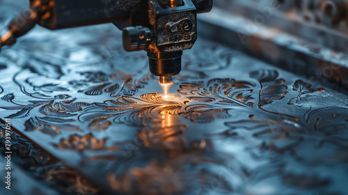 Close-up of a laser engraving machine etching detailed designs onto a metal surface, highlighting the precision and versatility of laser technology.