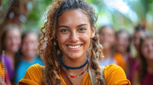 Happy smiling young woman with curly hair and freckles