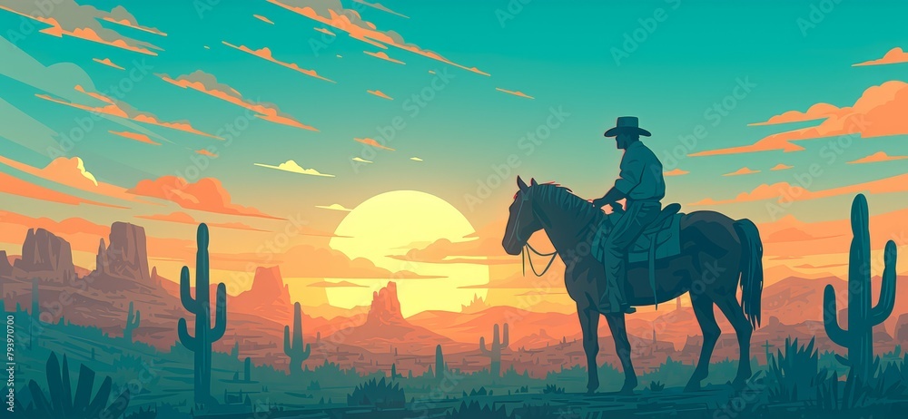 Illustration of a cowboy on a horse in the desert at sunset, as a silhouette, with cacti and mountains in the background, 
