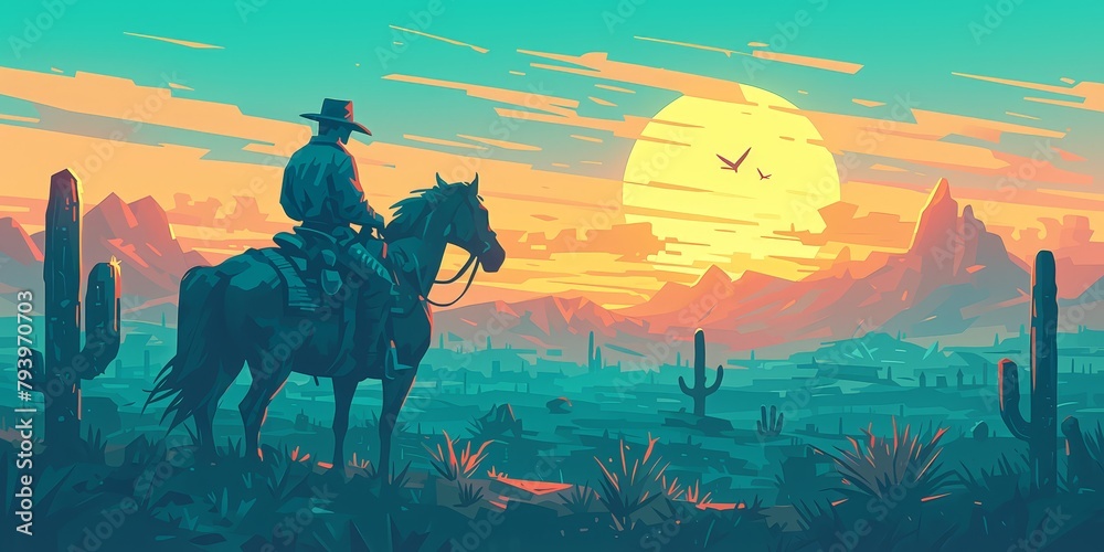 Illustration of a cowboy on a horse in the desert at sunset, as a silhouette, with cacti and mountains in the background,