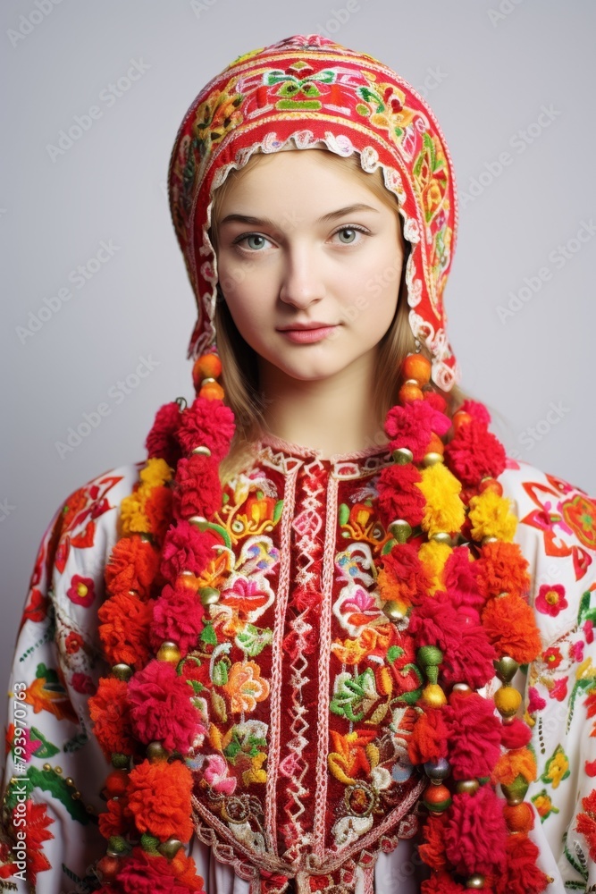 Young Russian woman in traditional embroidered costume with headdress, cultural heritage concept, vertical format

Concept: cultural heritage, traditional attire, folk costume, embroidery, European c