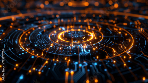 futuristic technology wallpaper featuring glowing binary circuit lines arranged in intricate patterns on a black ring, modern cyber tech background 