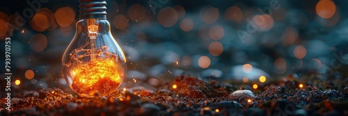 Light bulb on fire on a dark background with sparks photo
