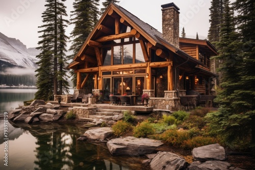 Luxurious wooden lodge by a calm lake with a mountain backdrop, epitome of rustic elegance, copy space

Concept: luxury retreat, nature lodging, mountain escape, serene environment, rustic architectur