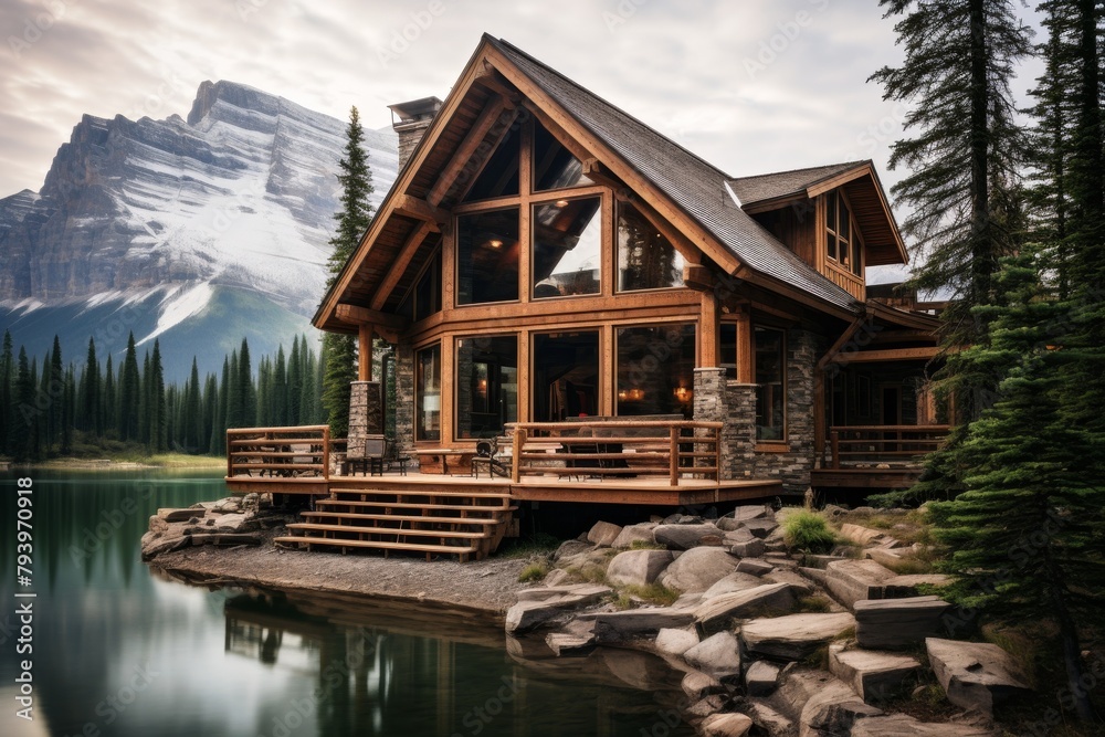 Luxurious wooden lodge by a calm lake with a mountain backdrop, epitome of rustic elegance, copy space
Concept: luxury retreat, nature lodging, mountain escape, serene environment, rustic architectur Luxurious wooden lodge by a calm lake with a mountain backdrop, epitome of rustic elegance, copy space
Concept: luxury retreat, nature lodging, mountain escape, serene environment, rustic architectur