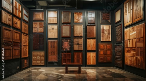 A tapestry of wood cabinet doors on display  merging the lines between modern luxury and vintage allure