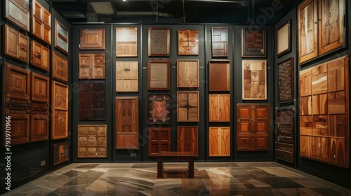A tapestry of wood cabinet doors on display, merging the lines between modern luxury and vintage allure