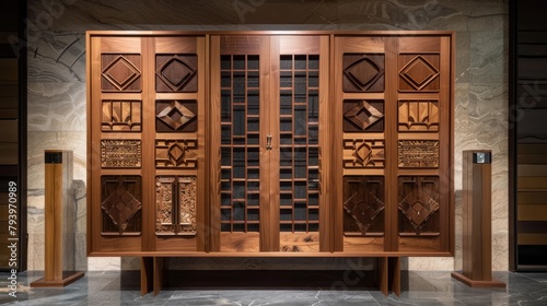 A tapestry of wood cabinet doors on display, merging the lines between modern luxury and vintage allure