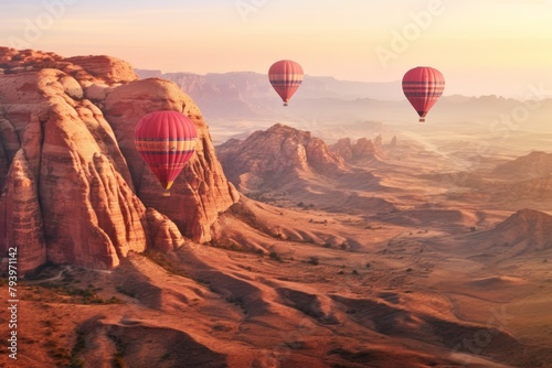 Hot air balloons over scenic rock formations at sunriseConcept: adventure, travel, landscape, sunrise, exploration