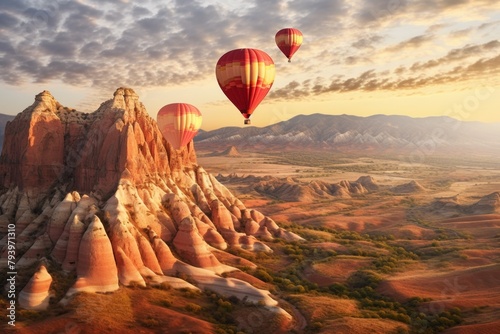 Hot air balloons over scenic rock formations at sunriseConcept: adventure, travel, landscape, sunrise, exploration