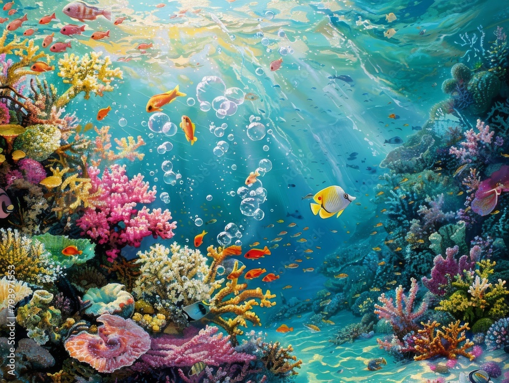 Underwater Coral Reef SceneVibrant Summer Colors and Marine Life - obrazy, fototapety, plakaty 