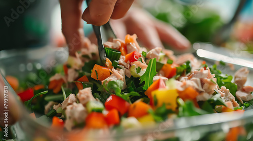 Close-up of canned tuna being mixed into a salad with fresh greens and vegetables, highlighting a quick and nutritious meal option. photo
