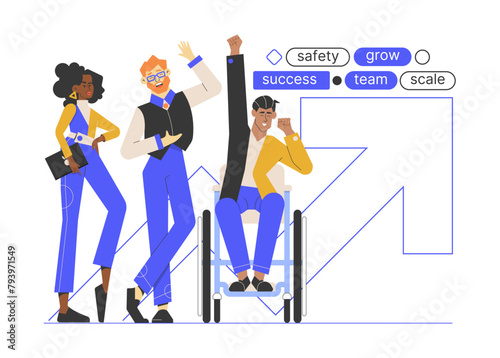 A group of colleagues rejoices at their success. Sales growth, successful startup, development and expansion of the team. Vector flat illustration with characters