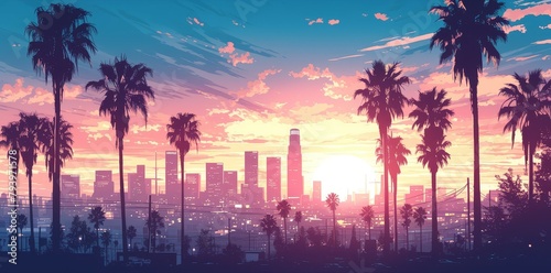 Los Angeles skyline with palm trees