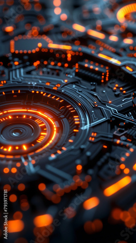 futuristic technology wallpaper featuring glowing binary circuit lines arranged in intricate patterns on a black ring, modern cyber tech background 