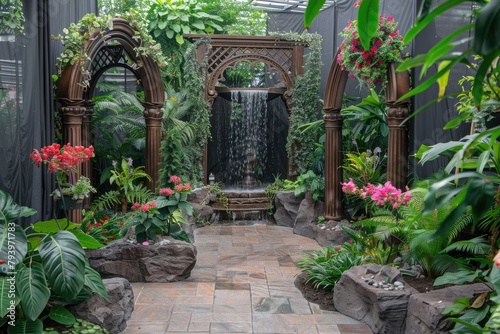 Waterfall in the garden with green plants and stone wall background.