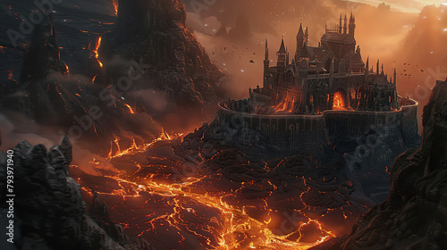 Concept art for a fantasy video game showing the Devil's castle perched atop a volcanic mountain, surrounded by a lava-filled moat, evoking danger and adventure. photo