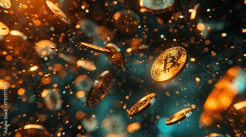 Cryptocurrency flood, 3D bitcoins and ethers raining, twilight glow, wide lens, motion blur photo
